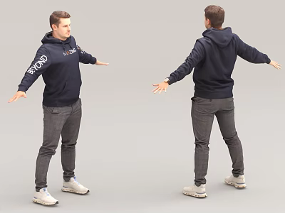 Man in Navy Hoodie and Gray Jeans with Arms Outstretched Front Back Views Gray Background 3d model