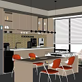 Modern Restaurant Interior With Open Kitchen White Cabinets Yellow Tiles Dining Table And Brown Chairs