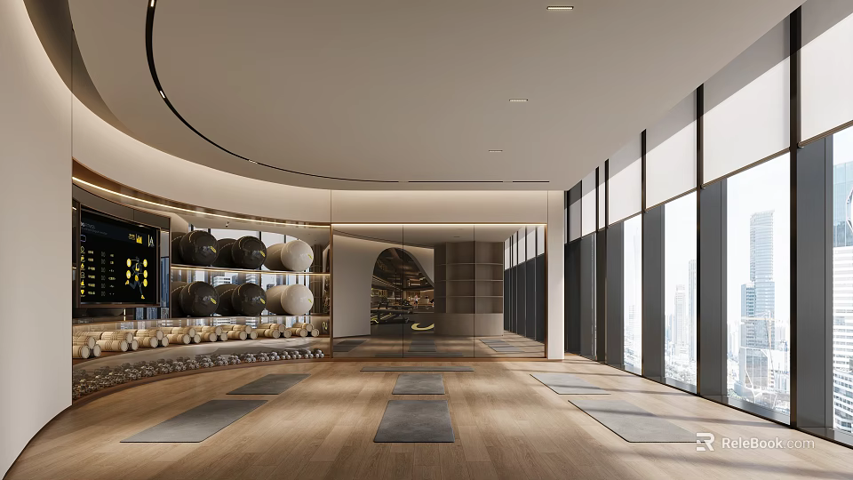 Contemporary Fitness Studio With Yoga Mats And Panoramic Views 3d model 