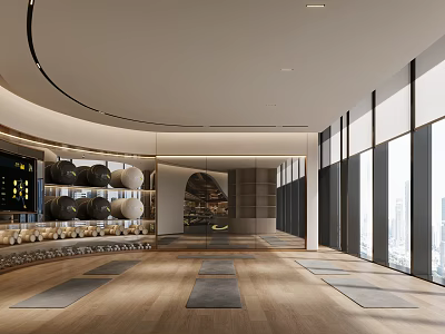 Contemporary Fitness Studio With Yoga Mats And Panoramic Views 3d model