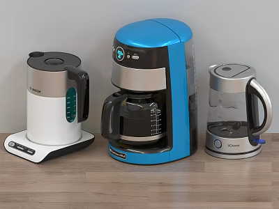 Stylish Kitchen Appliances With Blue Coffee Maker White And Silver Electric Kettles On Wooden Table 3d model