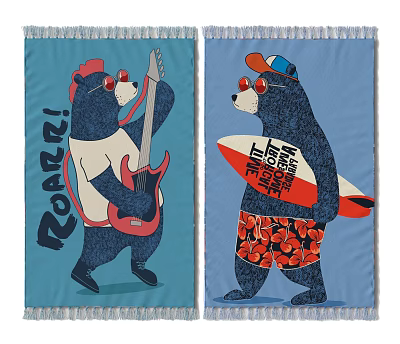 Square Rugs With Cartoon Bear Playing Guitar Surfboard Tassel Edges Light Blue Background 3d model