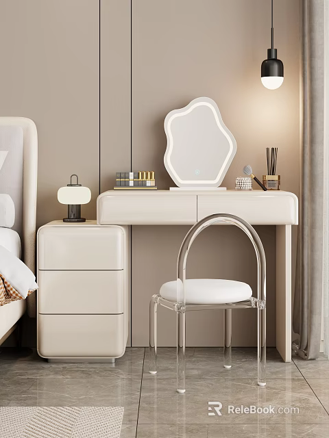 Modern White Dressing Table with Irregular Shaped Mirror Transparent Chair and Decorative Items on Light Beige Background 3d model 