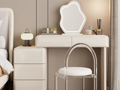 Modern White Dressing Table with Irregular Shaped Mirror Transparent Chair and Decorative Items on Light Beige Background 3d model
