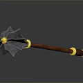 Medieval Polearm With Metallic Head Wooden Handle And Decorative Golden Accents