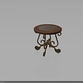 Ornate Round Wooden Table With Red Patterned Tabletop And Curved Spiral Carved Legs