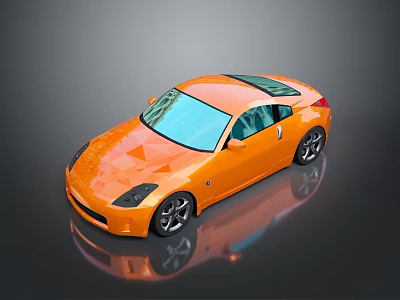 Orange Polygonal Sports Car With Black Wheels And Blue Windows On Reflective Surface 3d model