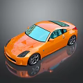 Orange Polygonal Sports Car With Black Wheels And Blue Windows On Reflective Surface