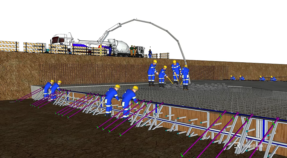 Road Construction Site With Workers Using Concrete Mixer Truck And Paving Equipment 3d model 
