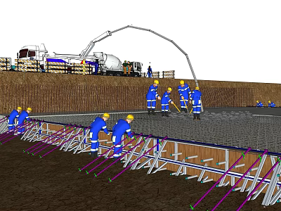 Road Construction Site With Workers Using Concrete Mixer Truck And Paving Equipment 3d model