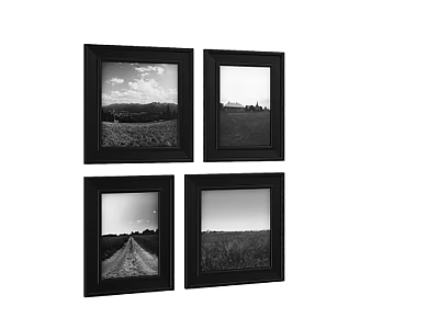 Black and White Landscape Paintings in Black Frames Featuring Fields Road and Sky 3d model