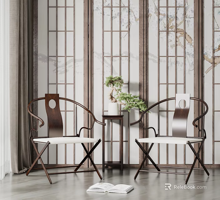 Chinese Style Armchairs With White Cushions And Wooden Frame In Traditional Room 3d model 