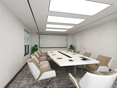 Modern Conference Room Interior With Projection Screen Long Meeting Table Beige Chairs And Green Plants 3d model