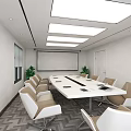 Modern Conference Room Interior With Projection Screen Long Meeting Table Beige Chairs And Green Plants