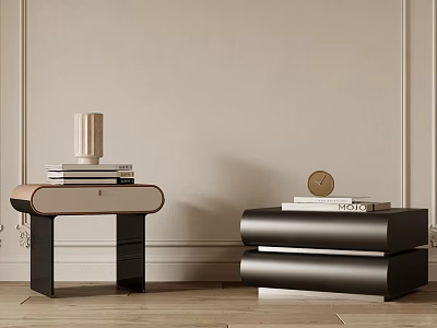 Modern Light Brown And Black Stacked Nightstands With Lamp Books Clock On Wooden Floor 3d model