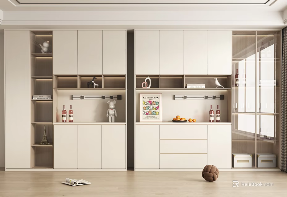 Modern White Wine Cabinet With Storage Shelves Decorative Items Fruits And Wine Bottles 3d model 