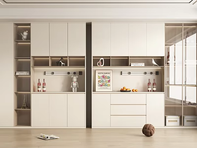 Modern White Wine Cabinet With Storage Shelves Decorative Items Fruits And Wine Bottles 3d model