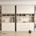 Modern White Wine Cabinet With Storage Shelves Decorative Items Fruits And Wine Bottles