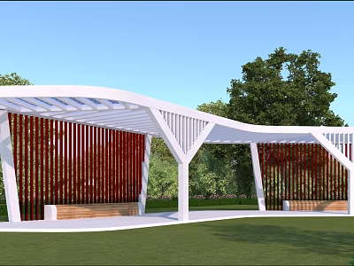 Modern White Pergola with Curved Roof Red Vertical Slats and Wooden Benches on Green Lawn 3d model