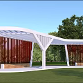 Modern White Pergola with Curved Roof Red Vertical Slats and Wooden Benches on Green Lawn