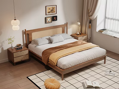 Double Bed With Wooden Headboard Gray Pillows Brown Blanket Nightstands Table Lamp And Decorative Paintings 3d model