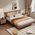 Double Bed With Wooden Headboard Gray Pillows Brown Blanket Nightstands Table Lamp And Decorative Paintings