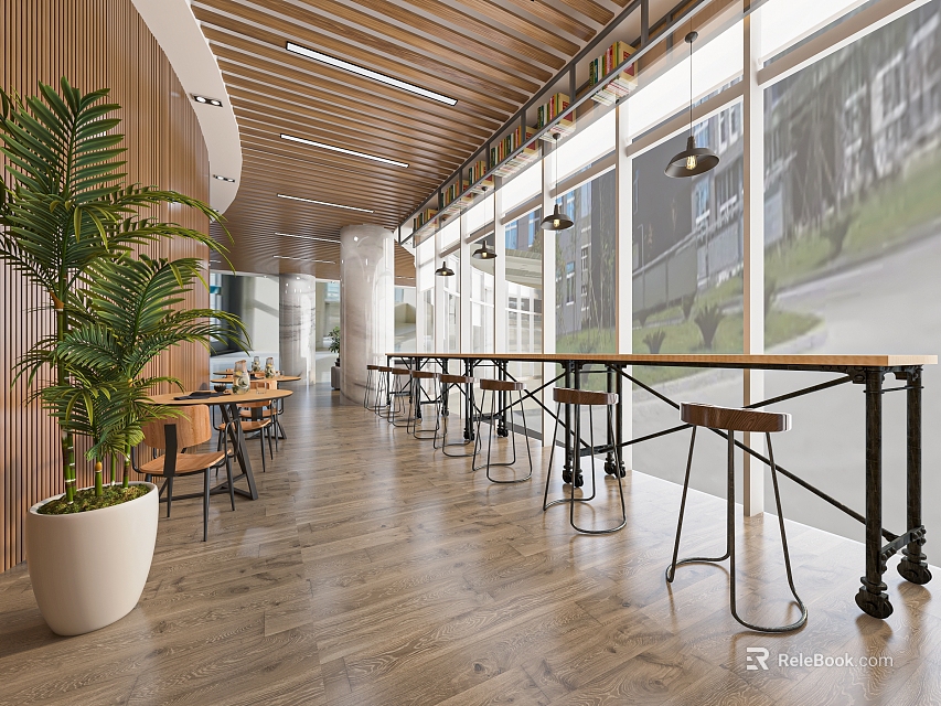 Modern Style Café With Wooden Ceiling Large Windows Indoor Plants Long Tables And Bar Stools 3d model 