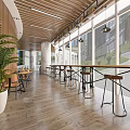 Modern Style Café With Wooden Ceiling Large Windows Indoor Plants Long Tables And Bar Stools