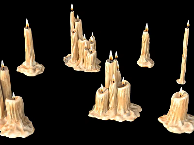 Melted Candles With Lit Wicks In Various Shapes On Black Background 3d model