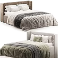 Modern Double Bed with Upholstered Headboard Soft Comforter and Decorative Pillows in Neutral Tones
