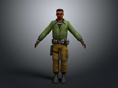 Digital Rendering Male Character Wearing Green Jacket Brown Pants Utility Belt Tool Pouch Standing Pose 3d model