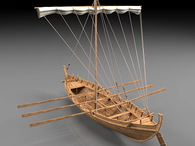 Traditional Wooden Boat With Wooden Oars White Sail And Classic Structure 3d model
