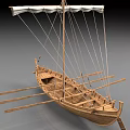 Traditional Wooden Boat With Wooden Oars White Sail And Classic Structure