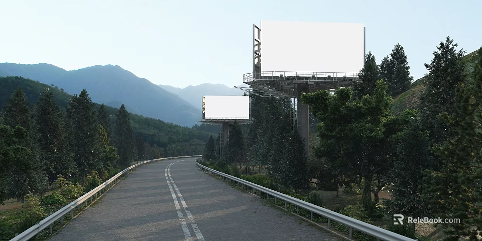 Large White Billboards Along Scenic Highway With Green Trees And Distant Mountains 3d model 