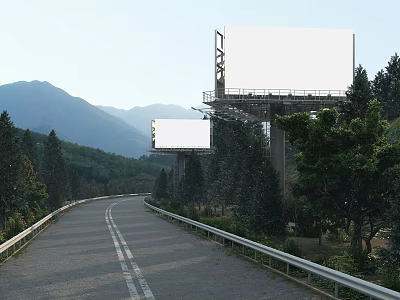 Large White Billboards Along Scenic Highway With Green Trees And Distant Mountains 3d model