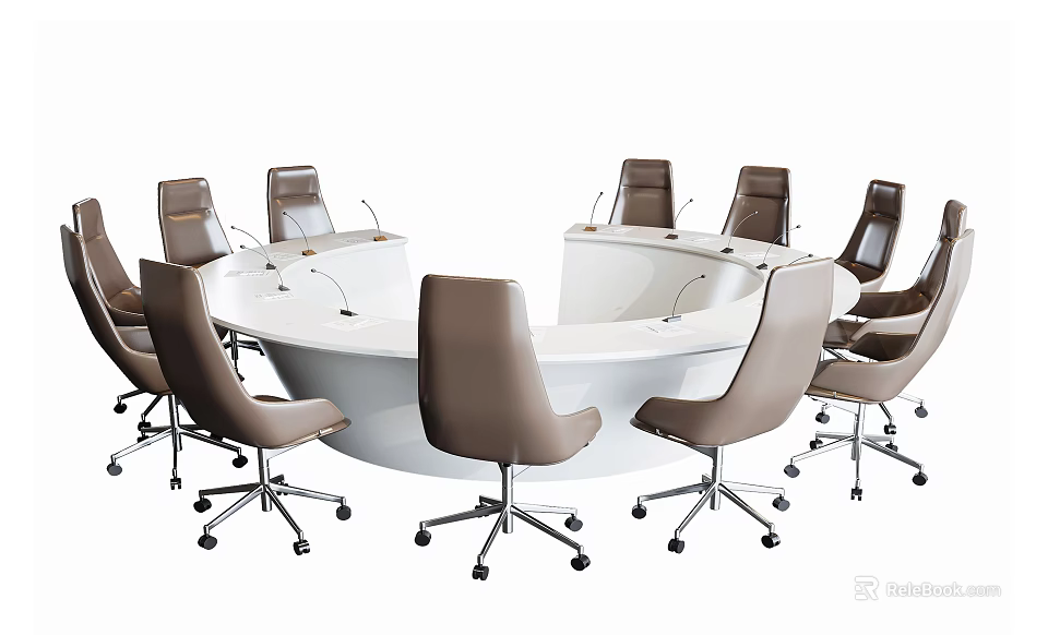 Modern Round Conference Table With White Tabletop And Ergonomic Swivel Chairs 3d model 