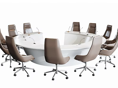 Modern Round Conference Table With White Tabletop And Ergonomic Swivel Chairs 3d model
