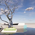 Bare Tree Sculpture With Water Reflection Blue Sky With Clouds Geometric White Buildings Green Base
