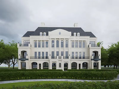 Luxury Detached Villa with Classical Exterior Black Roof and Large Windows Surrounded by Manicured Lawn 3d model