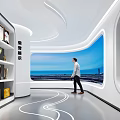 Contemporary Exhibition Booth Interior With White Curved Structure Blue Displays Shelves And Visitors