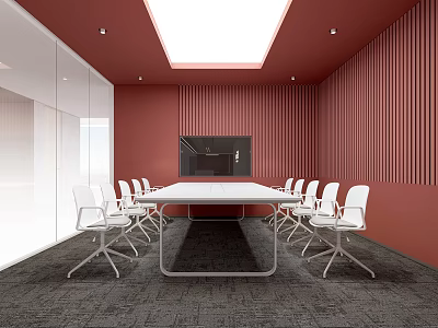 Contemporary Conference Room Featuring Red Vertical Slat Walls White Table Chairs And Ceiling Skylight 3d model