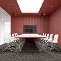Contemporary Conference Room Featuring Red Vertical Slat Walls White Table Chairs And Ceiling Skylight