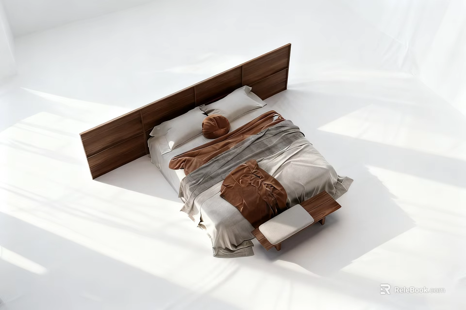 Double Bed with Wooden Headboard White and Brown Bedding Modern Minimalist Design 3d model 
