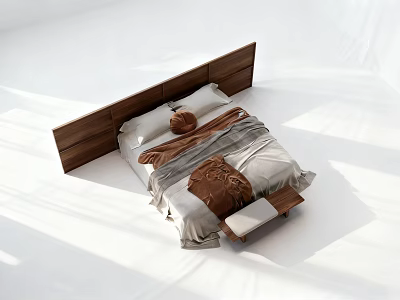 Double Bed with Wooden Headboard White and Brown Bedding Modern Minimalist Design 3d model