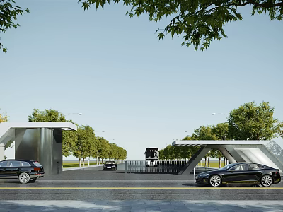 Modern Entrance Gate Design With Trees And Blue Sky Cars On Road Nearby 3d model