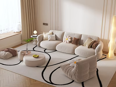 Modern Comfortable Sofa Coffee Table Set With Curved Design Cushions Round Rug And Floor Lamp 3d model