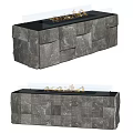 Modern Gray Stone Tiled Fireplace With Black Top And Burning Flames 3d model