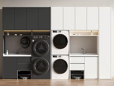 Modern Black and White Laundry Cabinets with Sleek Washing Machines and Dryers 3d model
