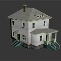 White House With Gray Roof Red Chimney Blue Stairs Porch Windows And Stone Base
