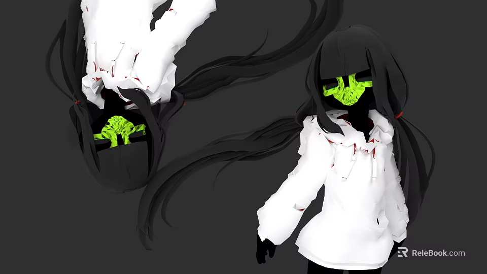 Woman in White Hoodie with Long Black Hair Glowing Green Eyes and Blood Stains 3d model 